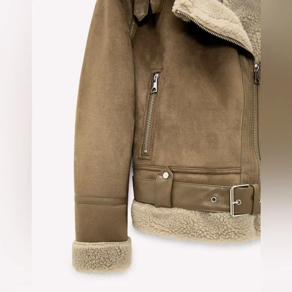 Zara Tan Teddy Jacket with Shearling Collar - Picture 8 of 12
